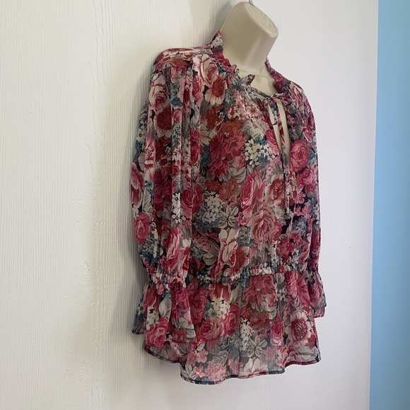Zara - Red & Pink Floral See Thur Tie at Neck Blouse Size Small - Picture 4 of 9